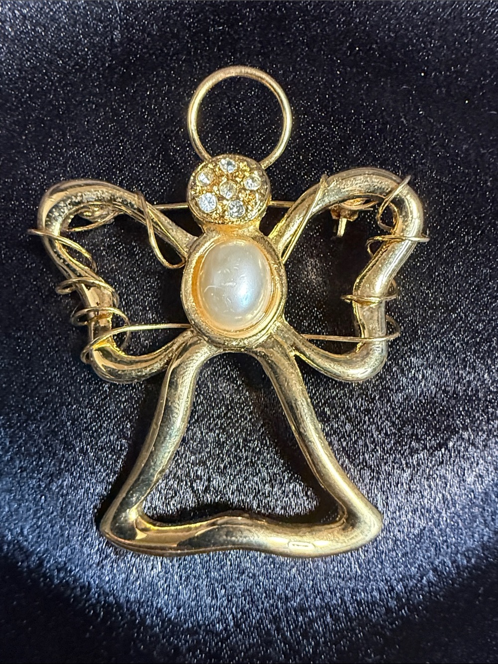 Gold Angel Brooch with Pearl and Crystal Accents